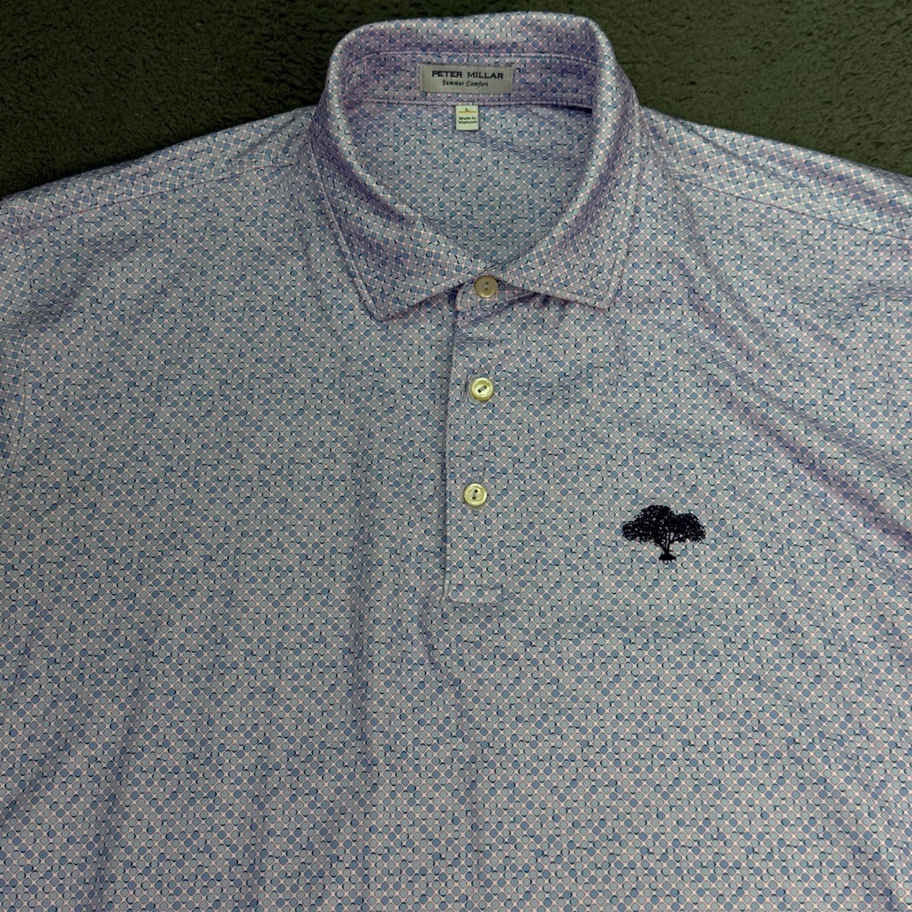 Peter Millar Polo Shirt Mens L Purple Blue Geometric Summer Comfort Tree Logo